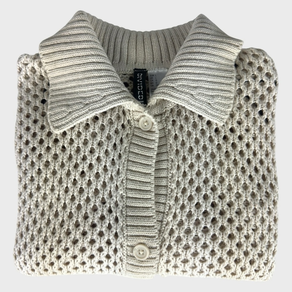 H&M Beige Open-Knit Button-Down Cardigan with Ribbed Collar - Picture 3 of 10